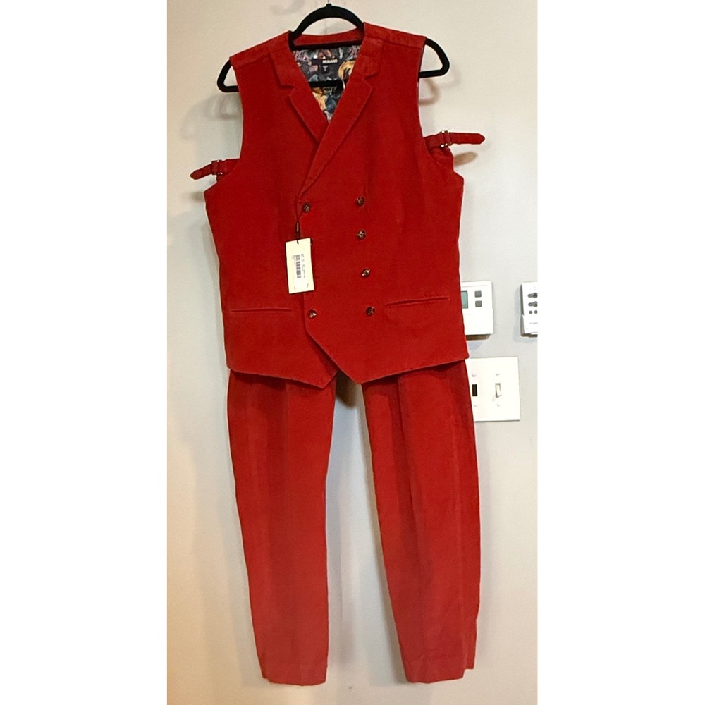 Murano Vest Pants Set Mens 34x30 Red NEW Ancient Renaissance Corduroy Pleated